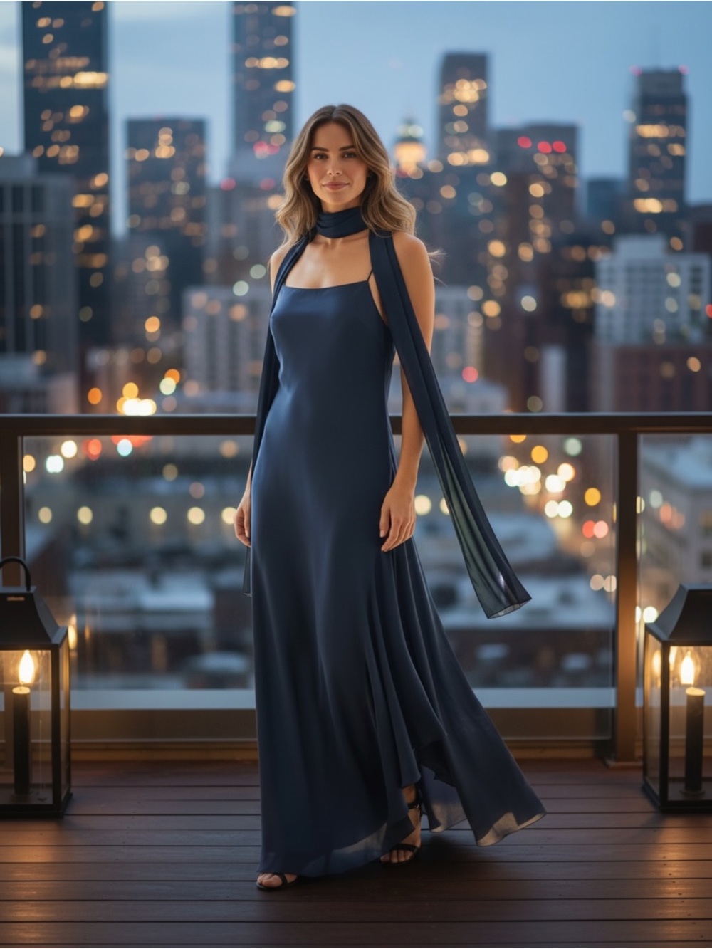 Jewel Badgley Mischka Dress Navy Blue Dress with Scarf Size 8